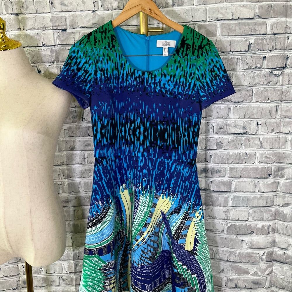 Badgley Mischka Blue and Green Patterned Midi Dress